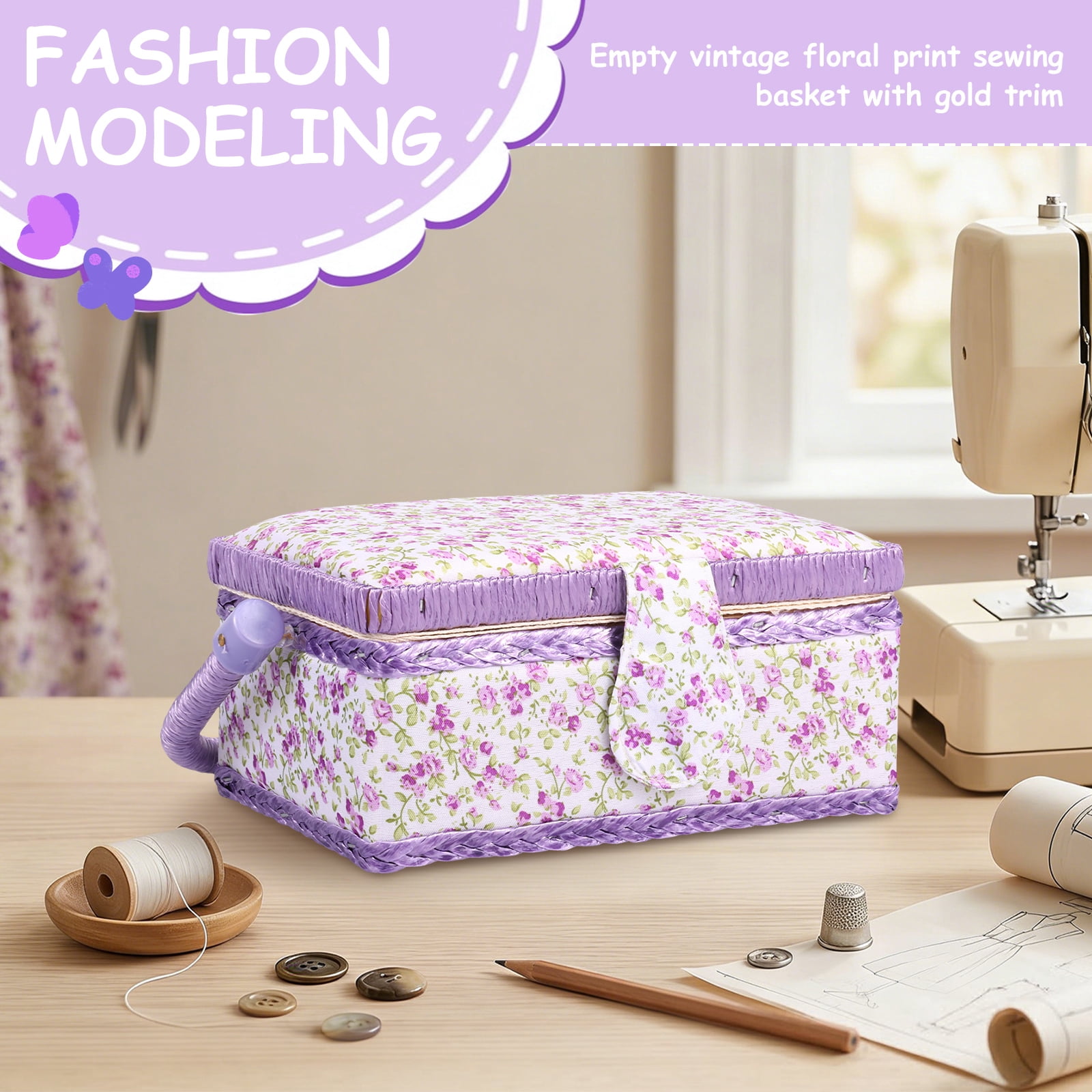 Atopoler Floral Sewing Basket,Vintage Wood Sewing Box with Tray and Handle for Traveling Beginner Professional,No Accessories,Purple Color