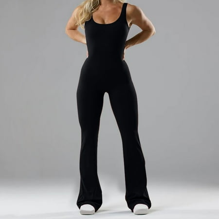 Tank Top Bodysuit for Women Summer Tight Flared Hem Long Pant Body Suit Slimming Pleated Cutout Back Bodycon Shapewear  Black  XL