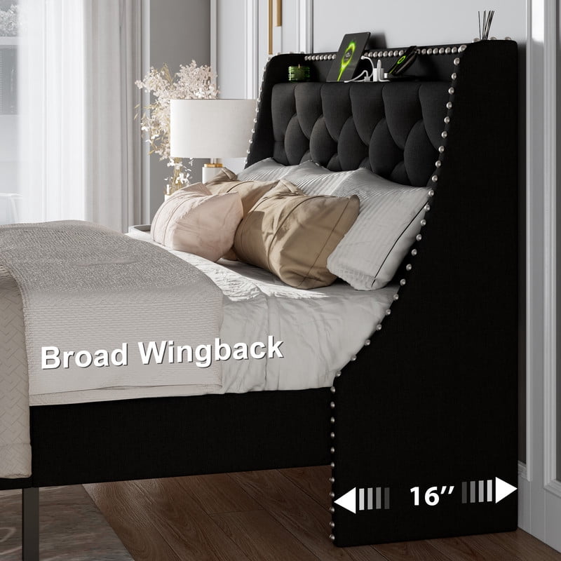 Feonase Queen Bed Frame with Luxury Wingback and Fast Charging Station,Upholstered Button Tufted Storage Headboard Platform Bed,Sturdy Wooden Slats Support,Noise-Free,Easy Assembly,Matte Black