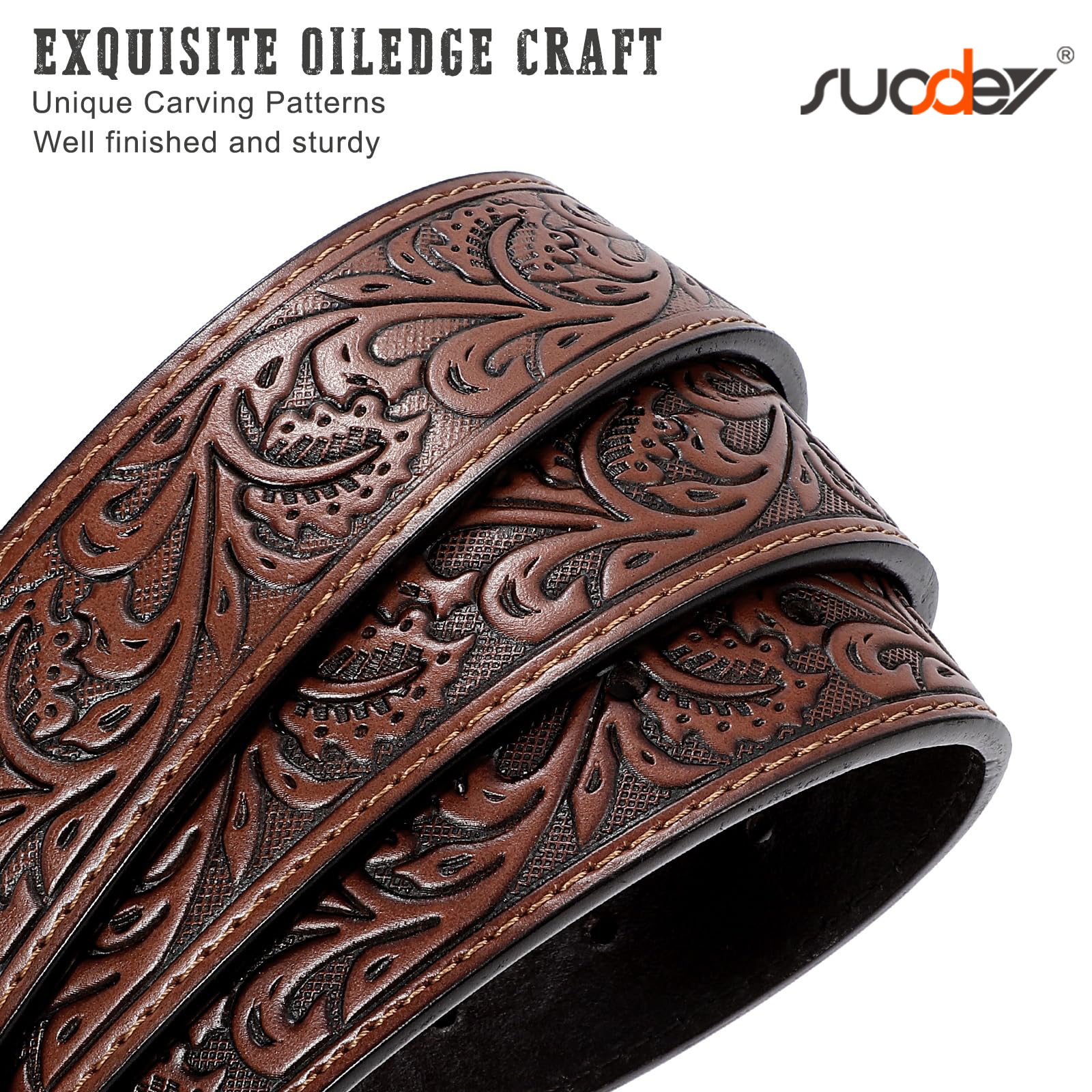 Suosdey Cowboy Embossed Leather Belt with Removable Buckle photo 7