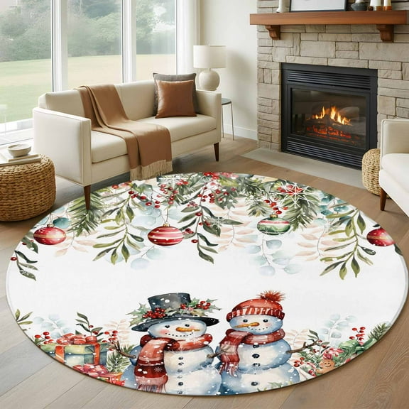 Christmas Snowman Round Rug 5ft Washable Circle Kitchen Rugs Non Slip Xmas Balls Poinsettia Botanical Large Area Rug Indoor Floor Carpet for Bedroom Living Room Home Office Dining Room Nursery