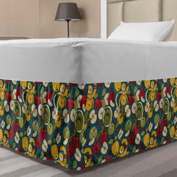 Fruit Bed Skirt, Botanical Illustration of Sliced and Whole Apples Spices Berries, Elastic Bedskirt Dust Ruffle Wrap Around for Bedding Decor, 4 Sizes, Petrol Blue and Multicolor, by Ambesonne