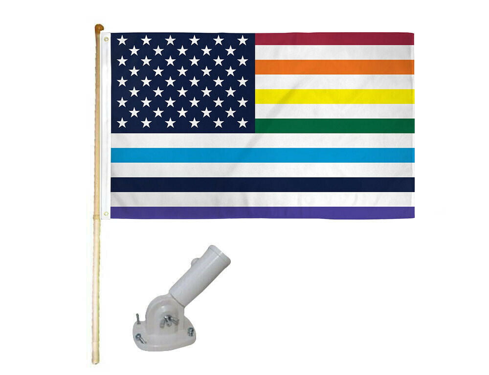 5' Wood Flag Pole Kit Wall Mount Bracket With 3x5 Rainbow Striped Polyester Flag 