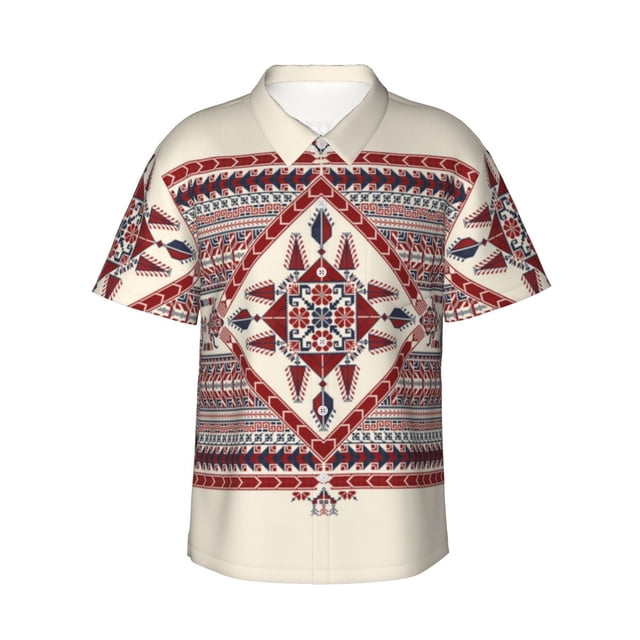Fotbe Fashion Tatreez Camisa Hawaiana para Hombre Unisex – Camisa Casual de Verano con Botones de Manga Corta de Algodón y Lino,3X-Large