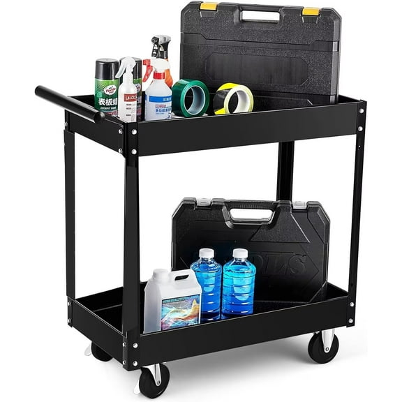 2-Tier Utility Cart, Heavy Duty Steel Rolling Cart, 300lb Multi-Purpose Tool Organizer, Metal Garage Organizer Tool Cart for Warehouse, Garage, Garden, Kitchen