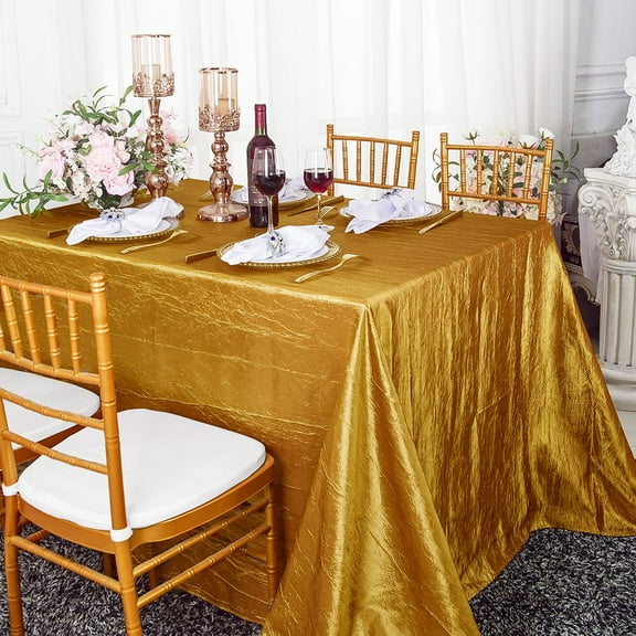 Wedding Linens Inc. 90"x156" Rectangular Seamless Crushed Crinkle Taffeta Crinkle Tablecloth - Gold