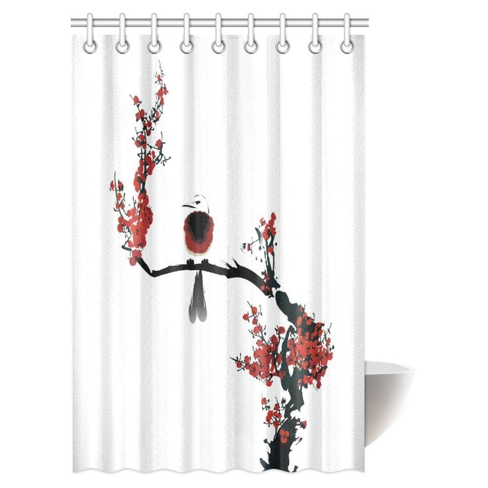 Floral Shower Curtain, Classic Asian Paint Style Artwork Flower ...