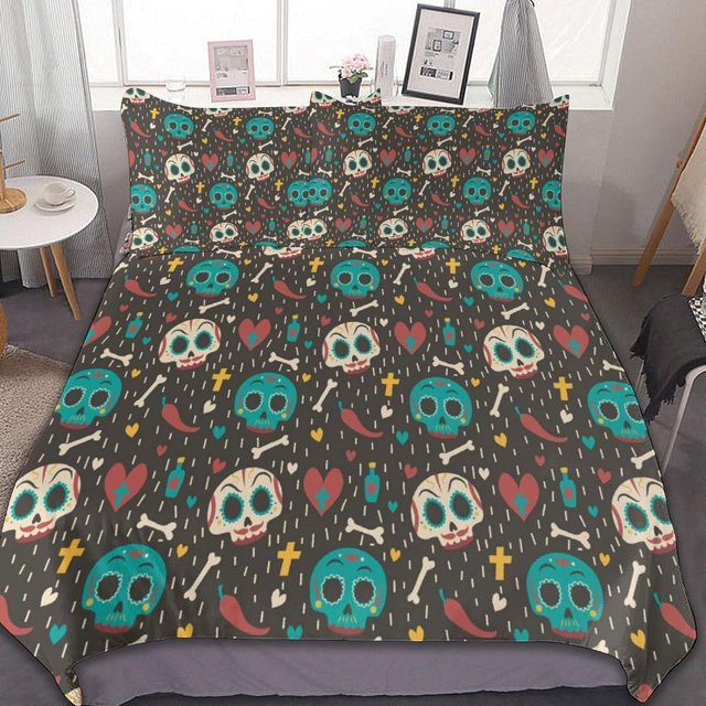 HAHDAXIA Skull Cute Pattern Bedding Solid Comforter Set for All Seasons,3 Pieces(1 Comforter+2 Pillowcases),Soft Microfiber Bedding Set Full(79"x90")