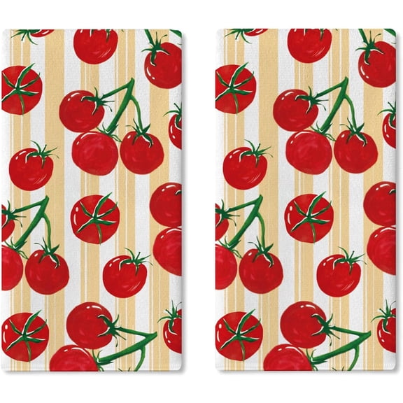 Tomato Kitchen Dish Towels Set of 2, Vegetable Fruit Drying Hand Towel Baking Cooking Cloth Gardener Gifts, Farmhouse Orange Stripes Bathroom Home Decoration 18'' x 26''
