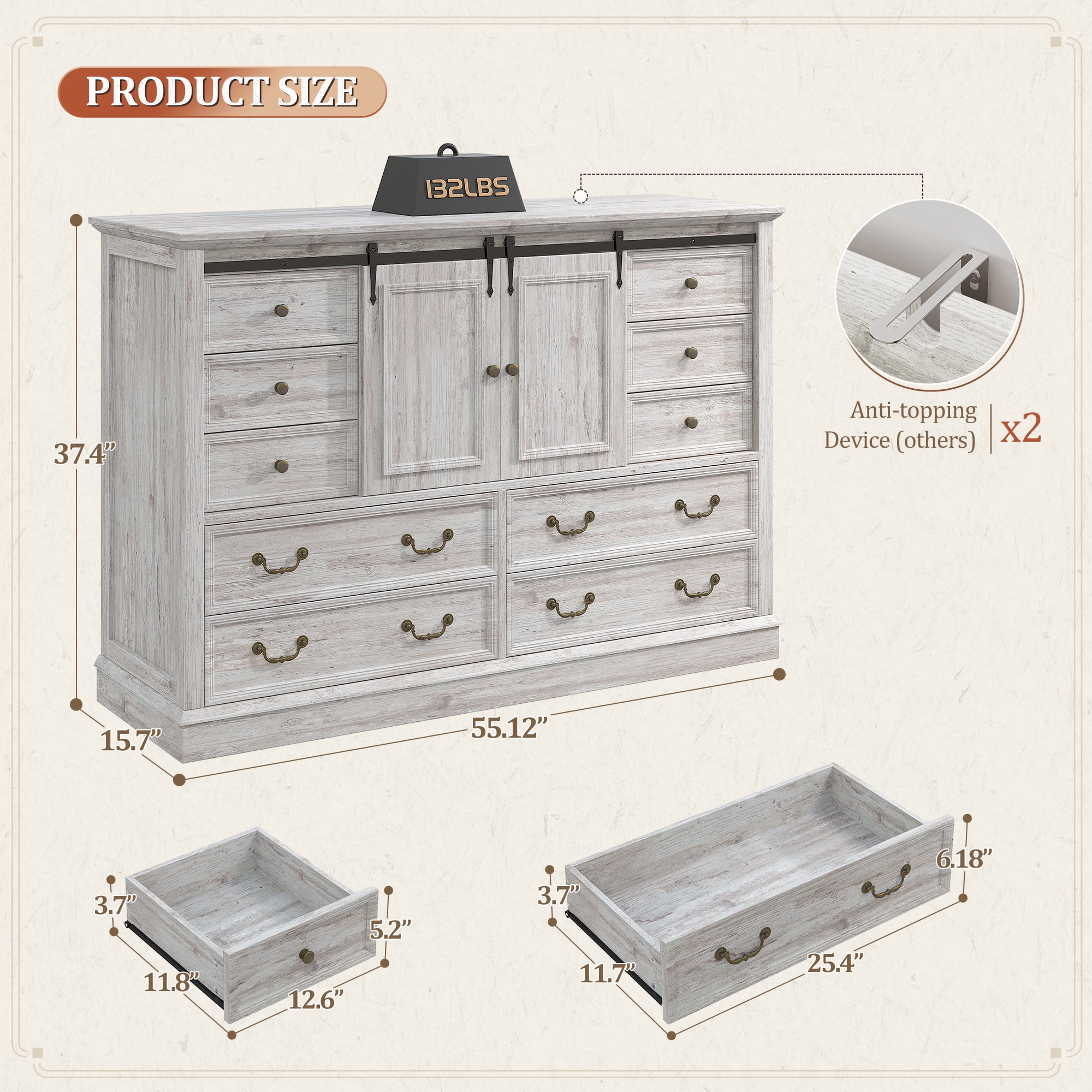 10 Drawers Dresser for Bedroom,Farmhouse Wood Dresser with Smoothly Sliding Barn Doors,Chest of Drawers 55" Wide TV Stands for Living Room,Hallway,Entryway ,Light Rustic Oak