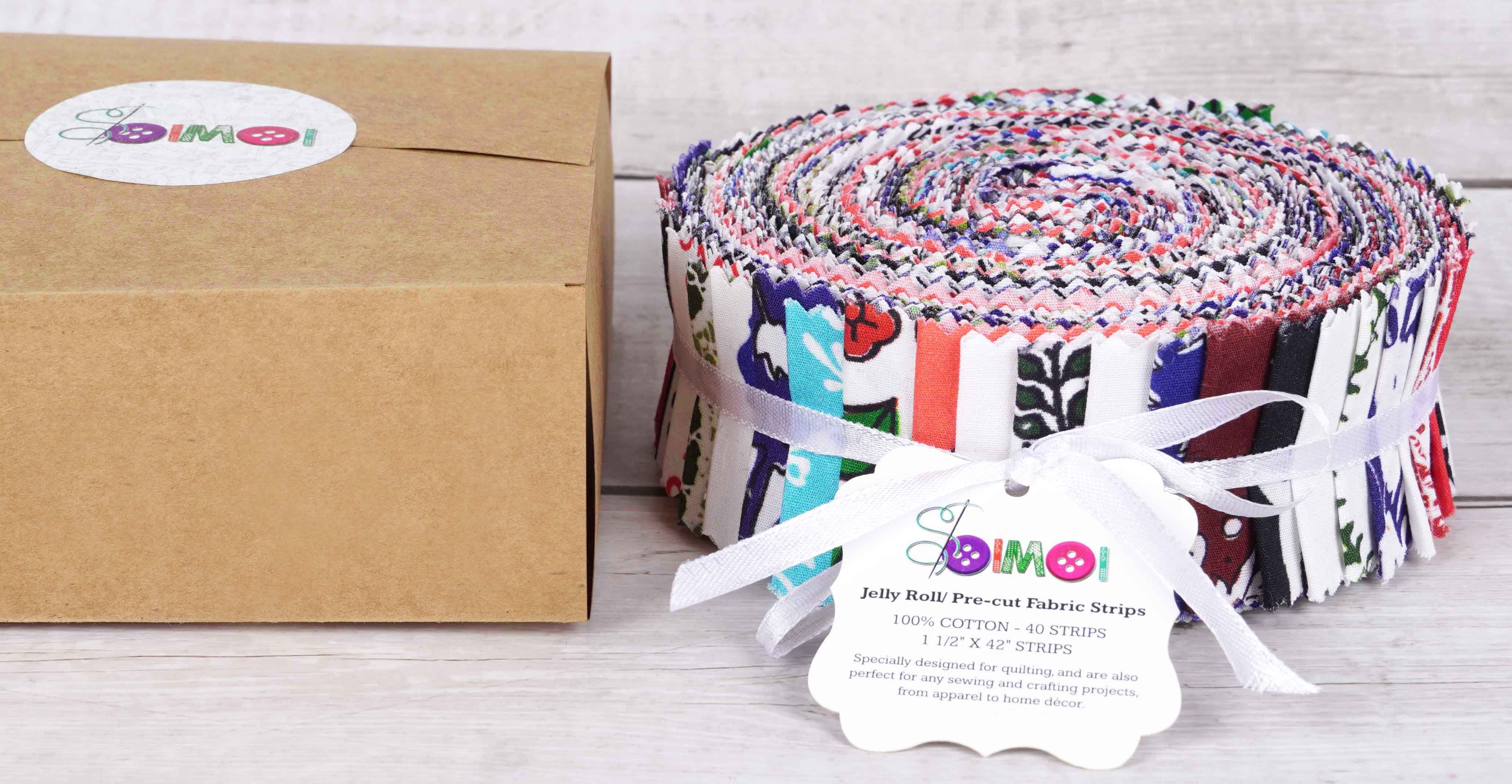 Soimoi 40Pcs Block Print Precut Fabrics Strips Roll Up 1.5x42inches Cotton Jelly Rolls For Quilting - Multicolor