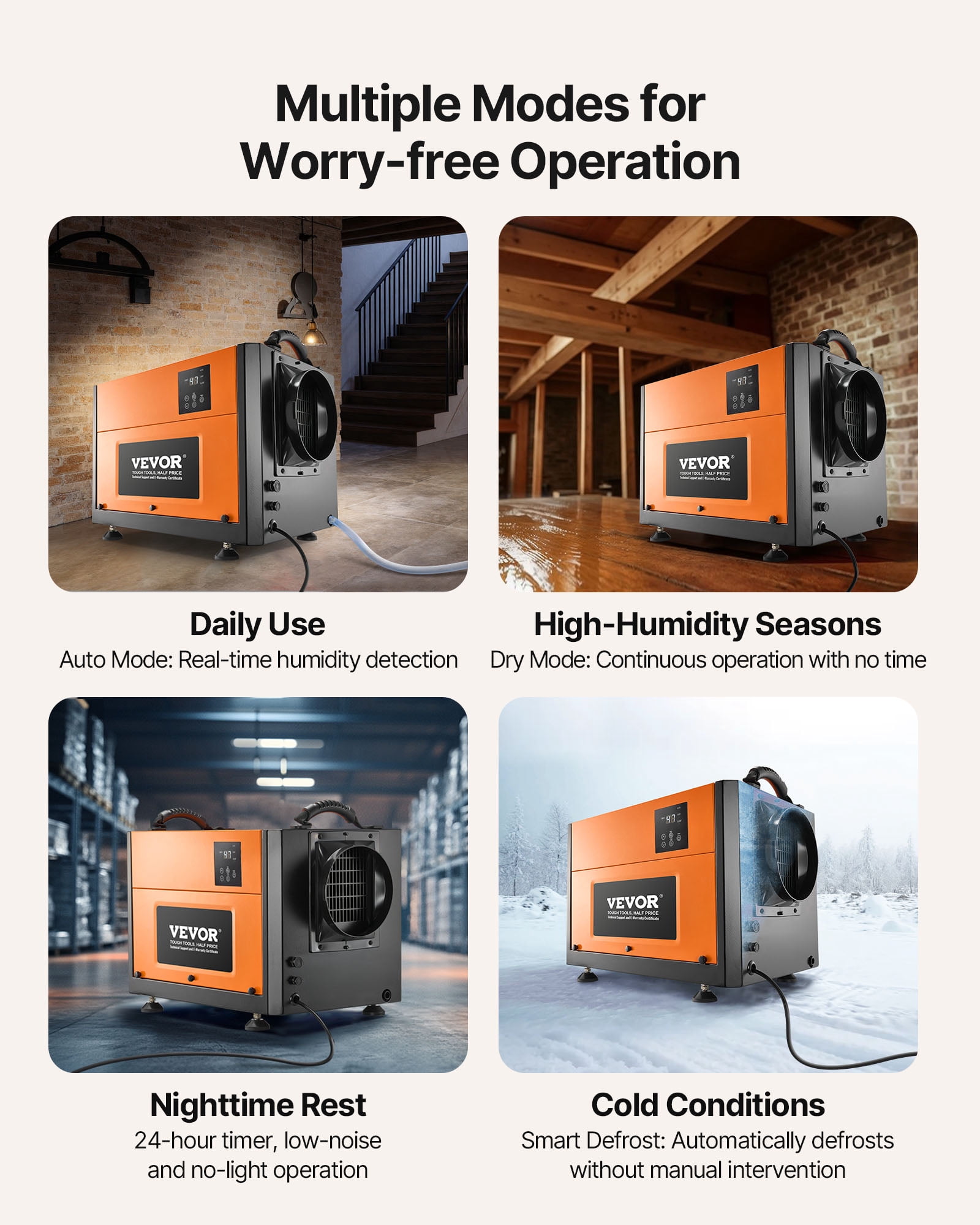 VEVOR 125 Pints Commercial Dehumidifier with Drain Hose, Portable Crawl Space Dehumidifiers for Basement Storage Room Industrial Grade, Auto Defrost/Drainage, Heavy-duty Galvanized Steel,LED Indicate