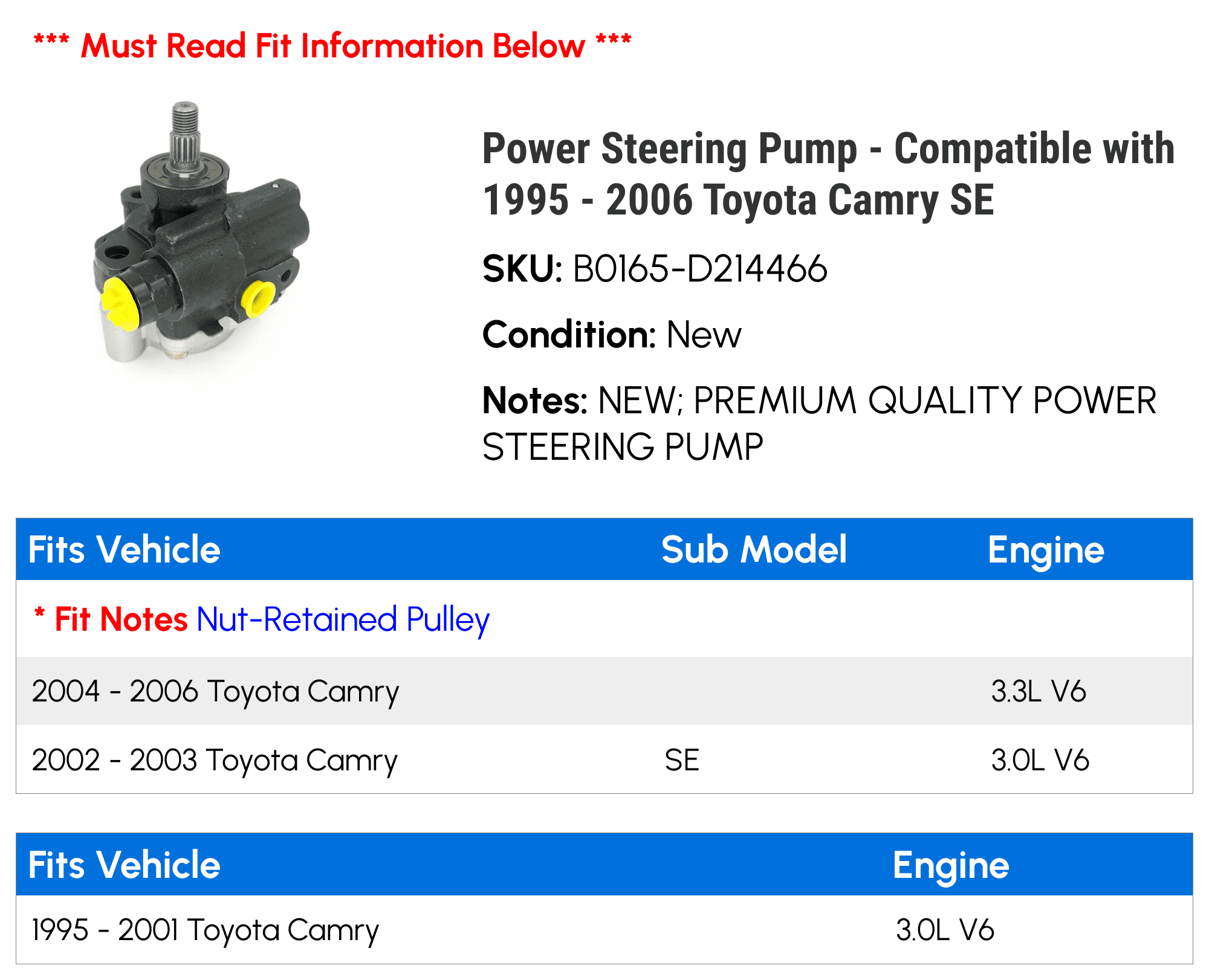Power Steering Pump - Compatible with 1995 - 2006 Toyota Camry SE 1996 1997 1998 1999 2000 2001 2002 2003 2004 2005