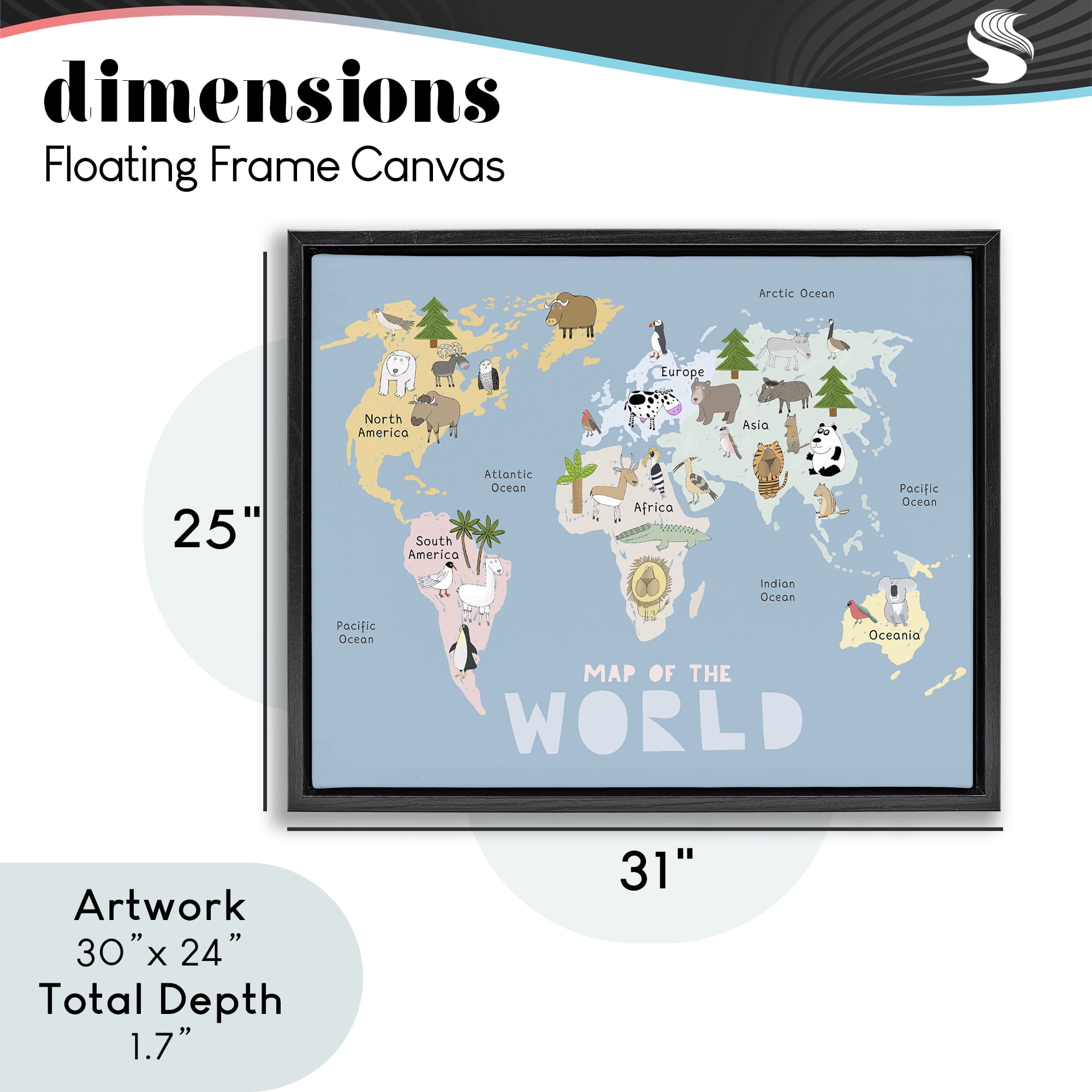 Kid's Map Of World Blue Black Framed Floater Canvas Wall Art, design by Carla Daly