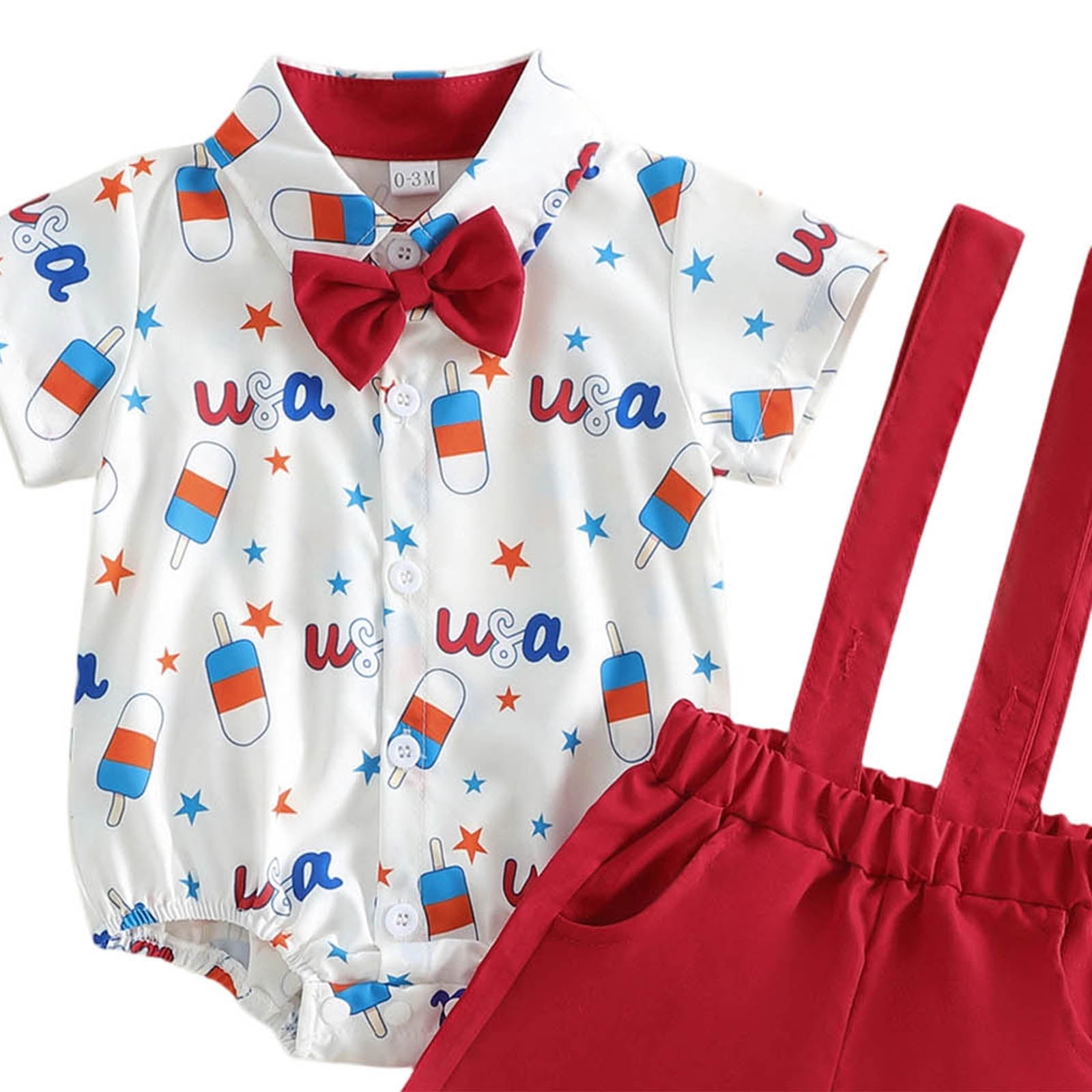 Wxirdiow Toddler Suits Toddler Baby Boy 4th of Outfits Gentleman Short Sleeve Button Down Romper Shirt Dress Shorts Fourth of July Clothes Set White Size,0-3 Months