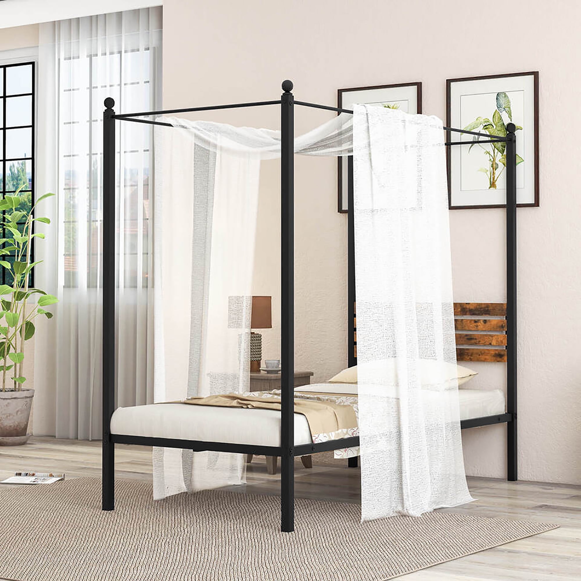 Gymax Twin Size 4-Post Canopy Bed Frame Rustproof Metal Noise-free with Foot Pads