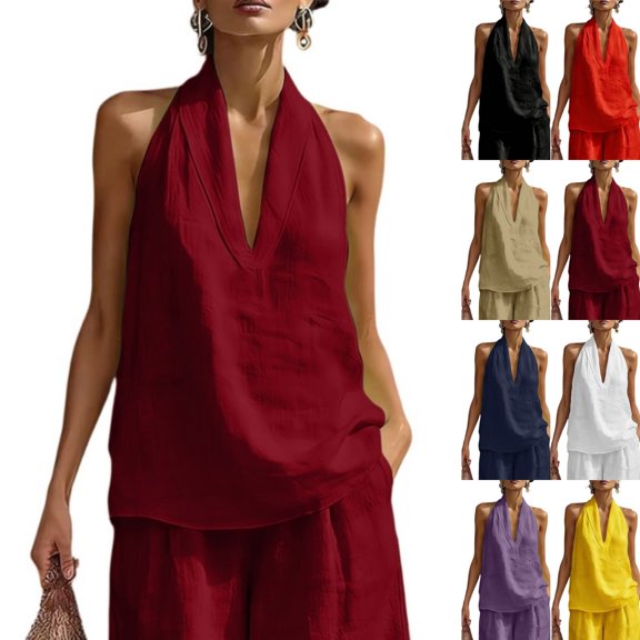 Cotton Linen Halter Tops for Women Flowy Sleeveless Loose Fitting Tank Top Beach Summer Casual Plain V Neck T Shirts Wine S