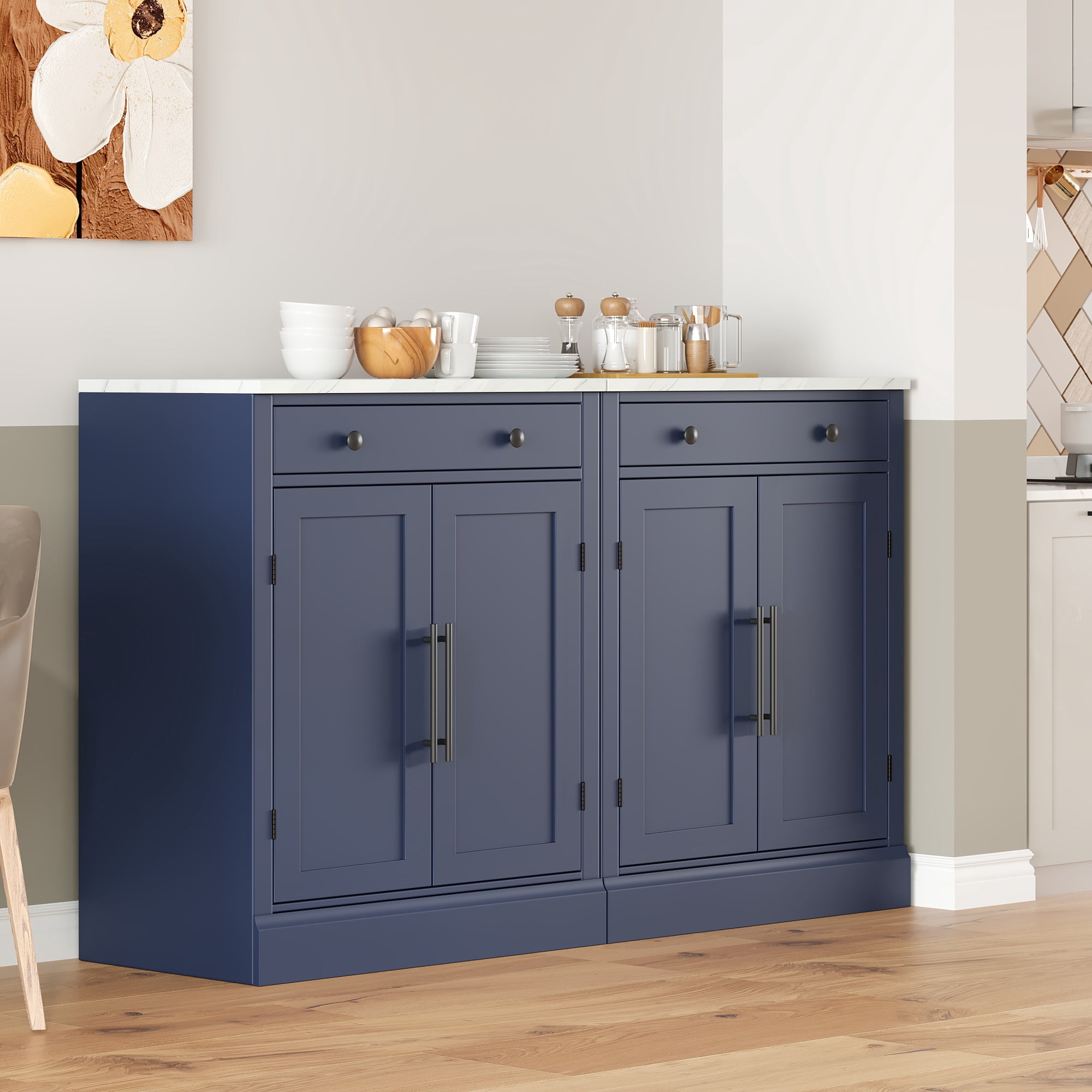 Leumius Modern Freestanding Kitchen Pantry Cabinet with Drawer, 2 Adjustable Shelves, 2 Door Shelves, Faux Marble Top, Coffee Bar Storage, Blue