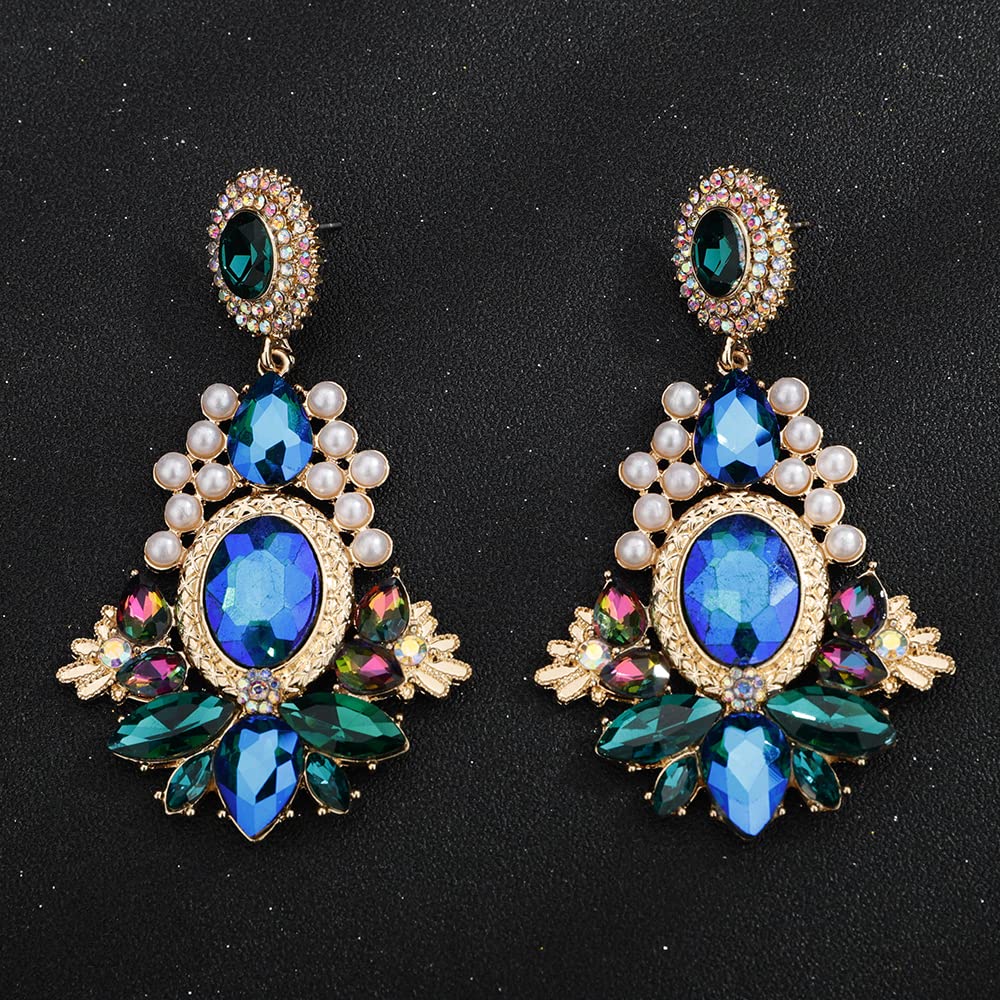 Teardrop Quality Bridal Earrings Rhinestone Stud Earrings Wedding Dangle Earrings Statement Earrings for Women Stud Earrings for Brides (Blue+Green)[t525]