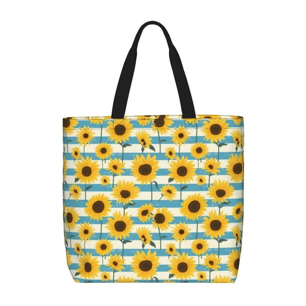 Easygdp White Blue Striped Sunflower Bolsa Tote para Mujer, Bolso de Hombro para Trabajo, Playa, Viajes, Compras y Supermercado