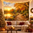 thumbnail image 3 of Autumn Lakeside Path Beside a Sunset Gazebo, Nostalgic Illustration for Nature Lovers, Seasonal Wall Art, Housewarming Gift, Tapestry Wall Hanging for Bedroom and Living Room, 3 of 7