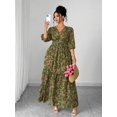 thumbnail image 6 of Green Floral Print V-Neck Maxi Dress With Tiered Skirt And Side Slit For Women, 6 of 7