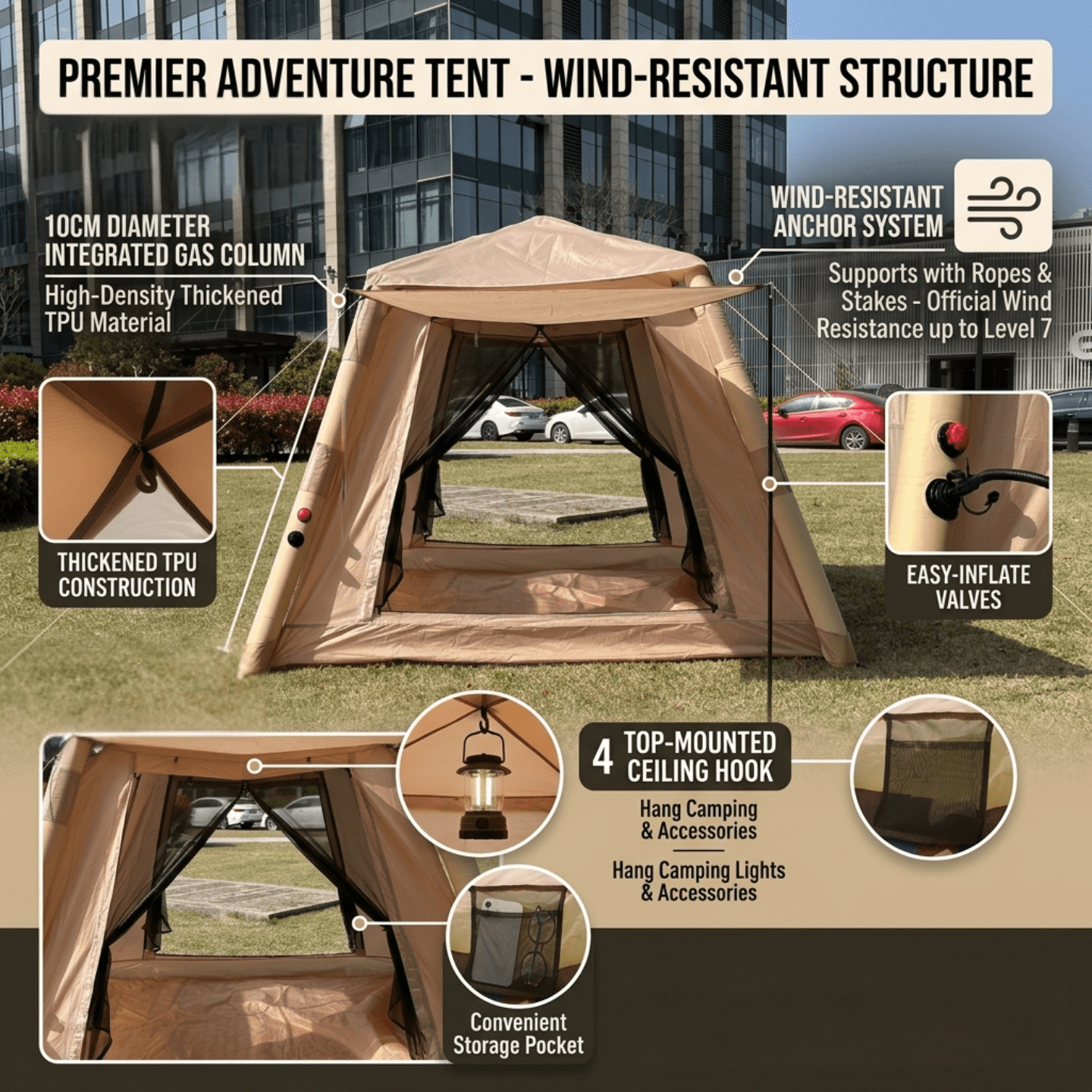 Inflatable Camping Tent for 2-4 Person, Waterproof Air Tent with Easy Setup, Instant Blow Up Family Tent for Outdoor Camping, Hiking & Travel, Includes Storage Bag & Manual Pump