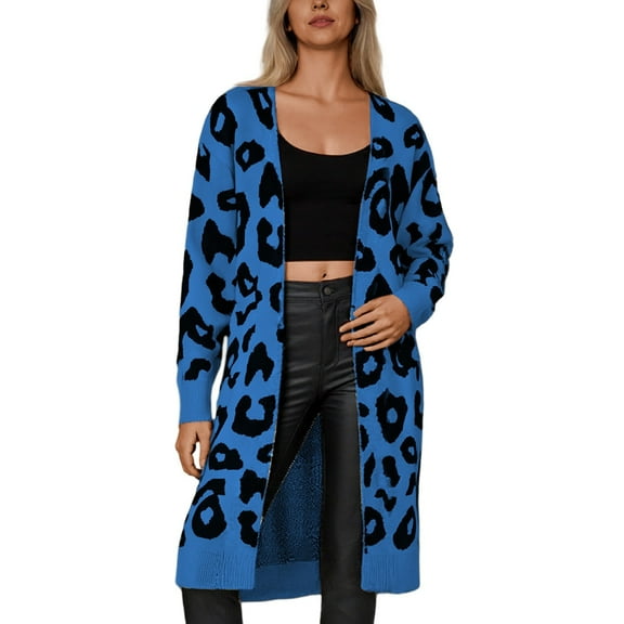 Women Leopard Long Cardigan Sweater Open Front Print Loose Knit Coat Knitted Outwear Jumper with Pockets