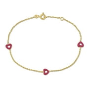 Miabella Children's Pink Enamel Heart Rolo Link Chain 14kt Yellow Gold Station Bracelet