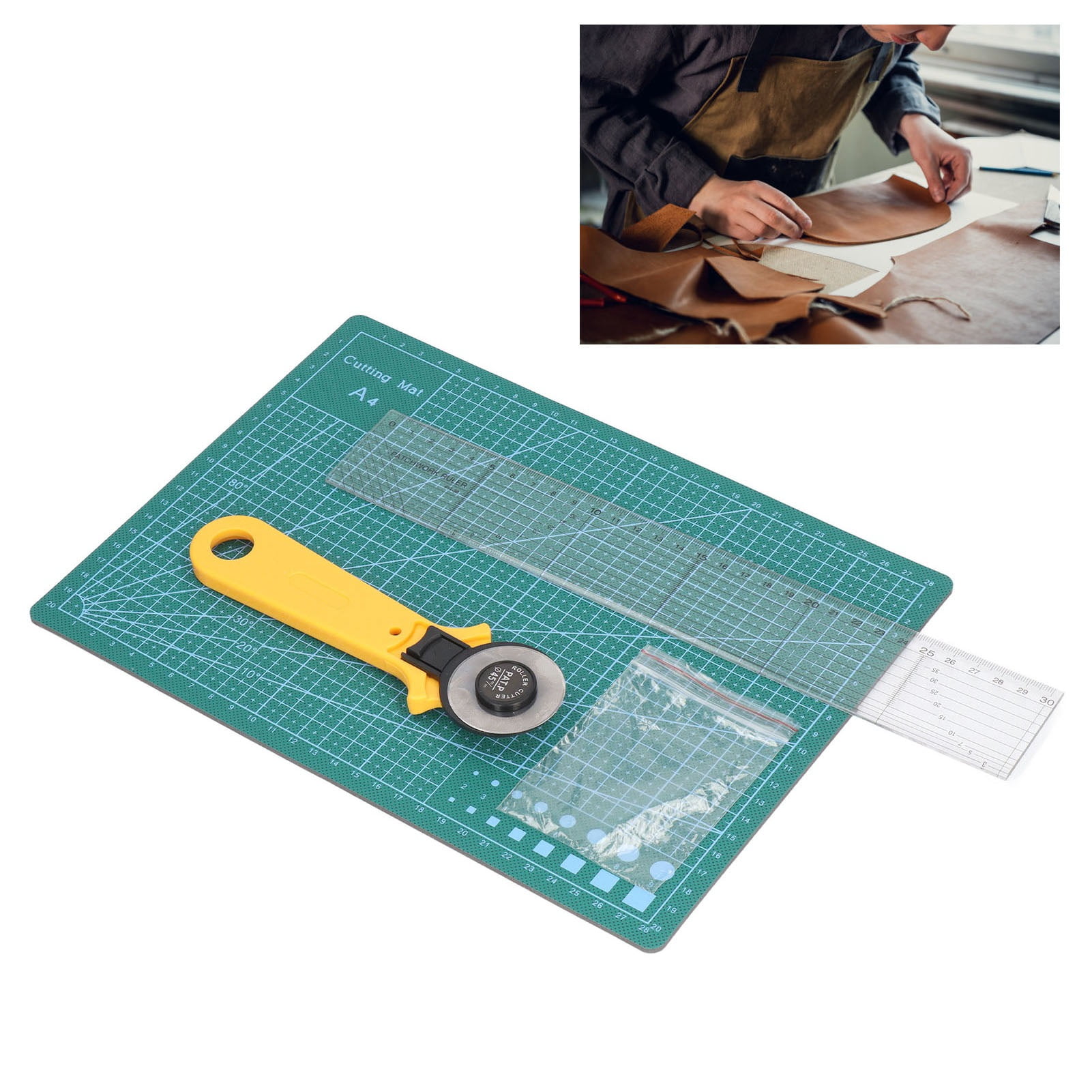 Fyydes A4 Cutting Mat,Self Healing Sewing Mat Set A4 Clear Size Safe Button Sewing Accessories with 45mm Revolving Cutter for  Crafts Quilting,Cutting Mat