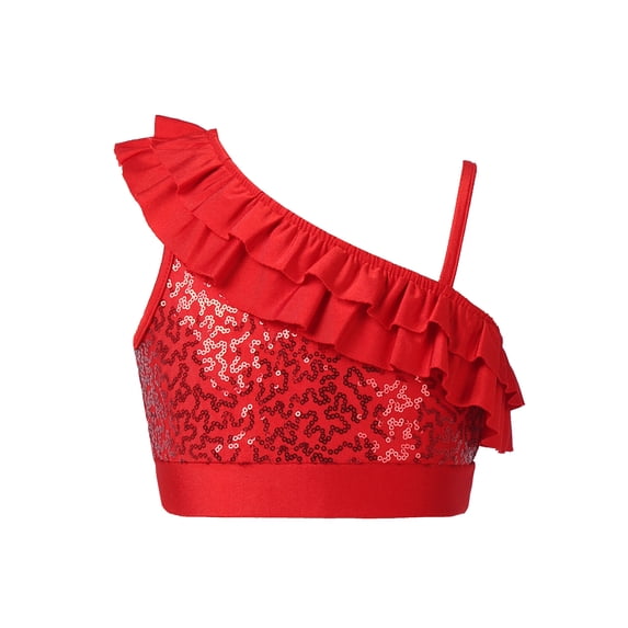 renvena Kids Girls Asymmetrical Shoulder Straps Ruffle Dance Stage Performance Crop Tops Red 6