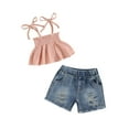 thumbnail image 2 of Yunliwuli Kids Girls Shorts Set, Tie-up Pleated Camisole with Ripped Denim Shorts Summer 2-piece Outfit, 2 of 10