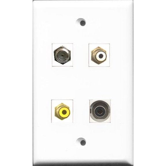 RiteAV 1 Port RCA White and 1 Port RCA Yellow and 1 Port Coax Cable TV- F-Type and 1 Port 3.5mm Wall Plate