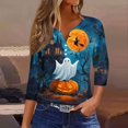 thumbnail image 5 of Halloween Shirts Women Funny 3/4 Sleeve T Shirts Horror Pumpkin Ghost Printed Tops Spooky Button V Neck Pullover Holiday Three Quarter Length Blouses, L, 5 of 6