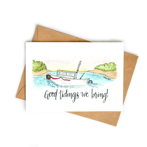 Watercolor Boat Christmas Card – "Good Tidings We Bring" Greeting – Blank Inside with Envelope – Perfect Holiday Card for Friends and Family