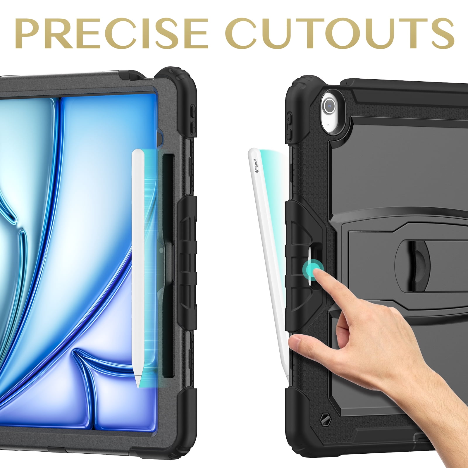 Rugged Case For iPad Pro 13 2024 – 3-Layer Protection Shockproof Stand Cover with Screen Protector, Adjustable Stand, Shoulder Strap, & Pencil Holder -- Black