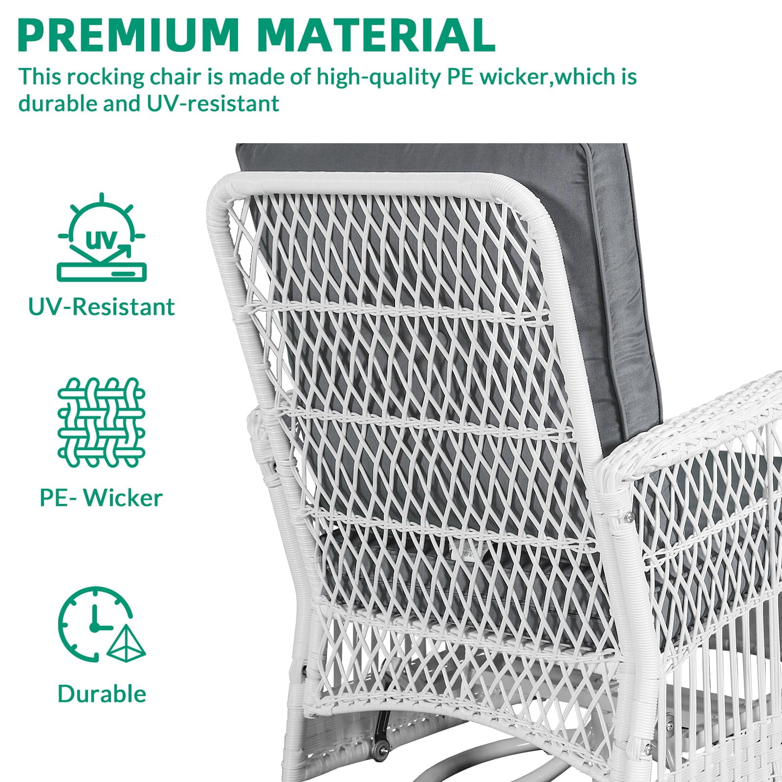 VIVIJASON 3-Piece Outdoor Conversation Bistro Set, Patio Swivel Glider Rocking Chairs Rattan Furniture Sets w/ 2 White Rattan Chairs, Glass Top Side Table for Porch Backyard, Grey Cushions