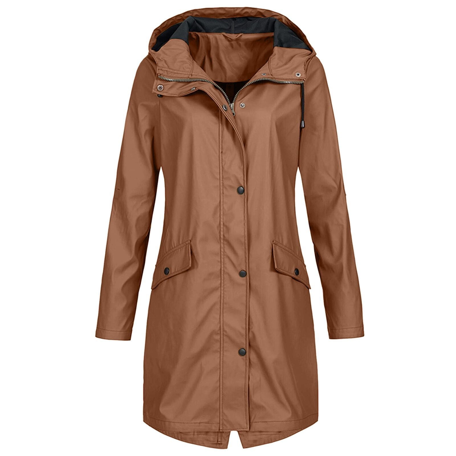 Windbreaker for Womens Plus Size Hooded Waterproof Raincoats Solid Rain Jacket Outwear Windproof Loose Trench Coat 