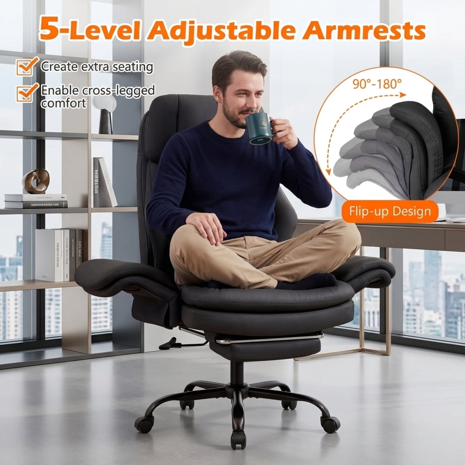 Furnibear Big and Tall Executive Office Chair 500 lbs Ergonomic Cross Legged Computer Chair with Retractable Footrest and Flip Up Arms, Black