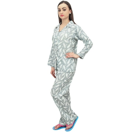 

Bimba Women s Gray Feather Print Shirt With Pajama Pants 2 Pcs Nightwear - 10