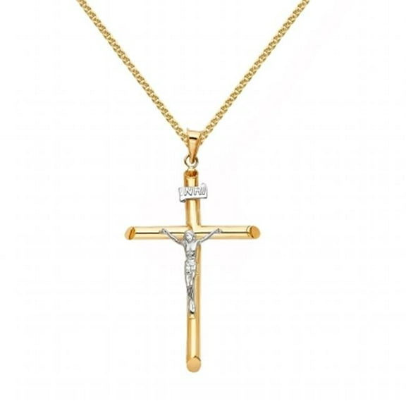 Precious Stars 14K Two-Tone Solid Gold Crucifix Religious Unisex Pendant with 22" Chain Necklace