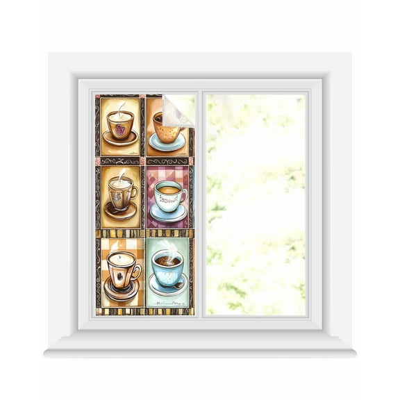 Window Privacy Film Coffee Check Plaid Stained Glass Window Film Decorative Sun Block Window Cover Brown Watercolor Farmhouse Window Clings Static Adhesive Sticker for Bathroom 19.6"x39.3"