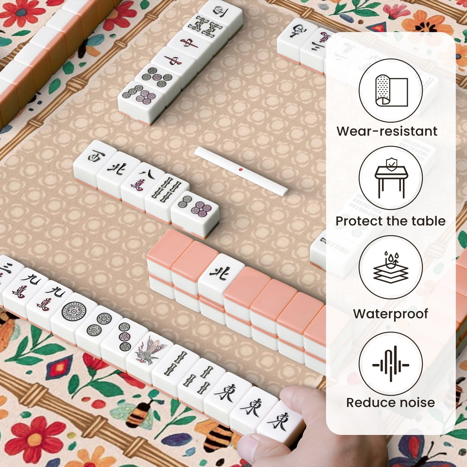 Mahjong Mat 31.5" x 31.5" Floral Border Bees Butterflies Bright Colors Anti-Slip and Noise Reduction Symmetry Design Mahjong Tiles Table Cover for Dominoes Poker Card Board and Tile Games