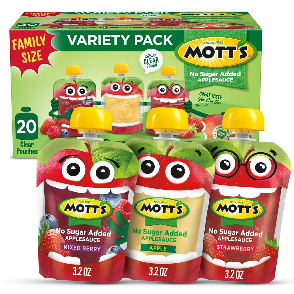 Mott's No Sugar Added Applesauce 3 Flavor Variety Pack, 3.2 Oz, 20 pack