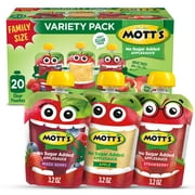 Mott's No Sugar Added Applesauce Variety Pack, 3.2 oz, 20 Count Clear Pouches