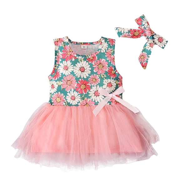 Odeerbi 2025 Toddler Baby Girls Children Summer Sleeveless Floral Vest Flower Print Bow Lace Mesh Dress