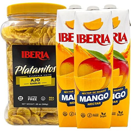 Iberia Garlic Plantain Chips, 20 Oz. + Iberia Mango Nectar, 33.8 Fl. Oz., (Pack Of 3)