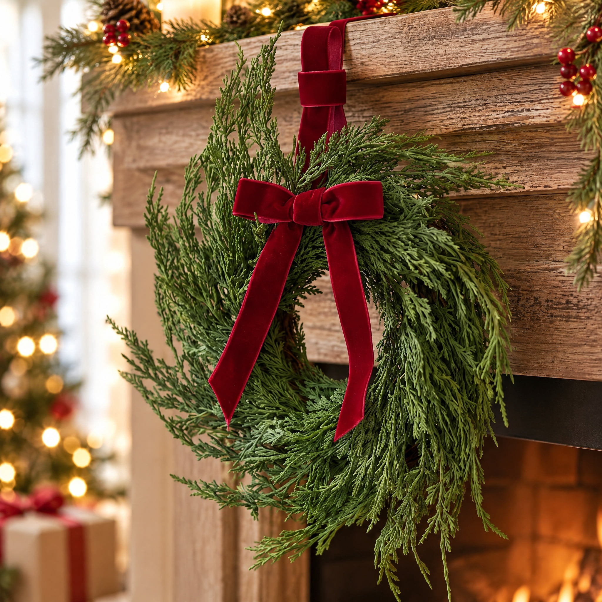 My Texas House Evergreen Artificial Christmas Wreath with Velvet Ribbon, Green and Red, 12"
