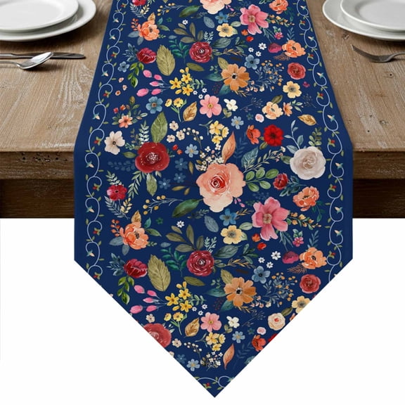 Navy Blue Flowers Table Runner Linen Burlap Table Runner 36 Inches Small Spring Vintage Floral Leaves Farmhouse Dresser Scarves for Kitchen Island Coffee Dining Party Wedding Holiday Decor 13"x36"