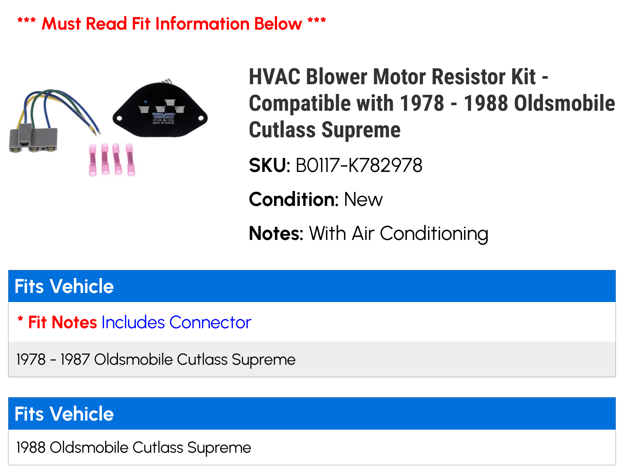 HVAC Blower Motor Resistor Kit - Compatible with 1978 - 1988 Oldsmobile Cutlass Supreme 1979 1980 1981 1982 1983 1984 1985 1986 1987